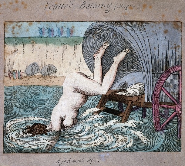 L0017751 A woman diving off a bathing wagon in to the sea. Coloured e Credit: Wellcome Library, London. Wellcome Images images@wellcome.ac.uk http://wellcomeimages.org Venus's Bathing (Margate) A woman diving off a bathing wagon in to the sea Hand-coloured etching 1790 By: Thomas RowlandsonPublished:  -  Copyrighted work available under Creative Commons by-nc 2.0 UK, see http://wellcomeimages.org/indexplus/page/Prices.html